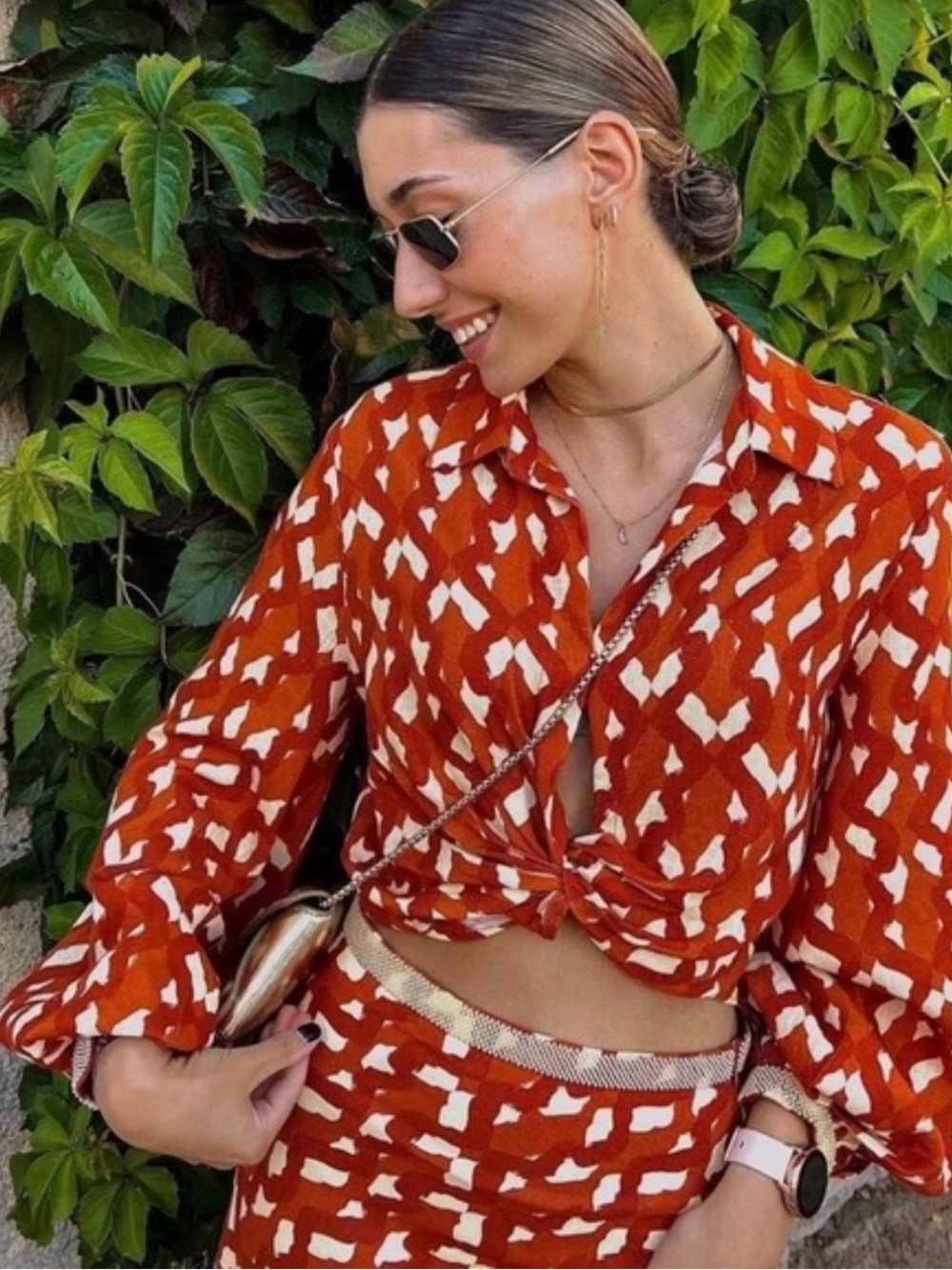 Zara Rust Patterned Button-Front Crop Top
